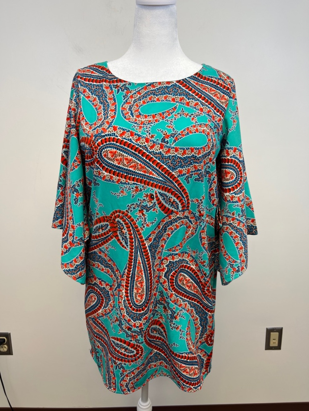 Alya Women’sTeal Blue/Green Red Flirty Paisley and Floral Tunic Dress Medium